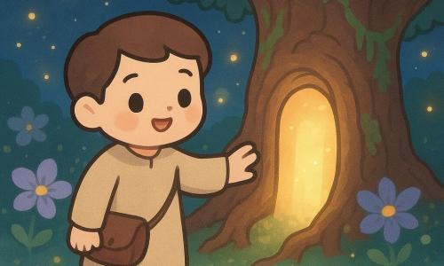 An adult man, Alaric, with a gentle smiling face, round bright eyes and slightly raised brows, wears a simple beige tunic and a worn leather satchel; he walks calmly and reaches toward a glowing doorway formed in the thick intertwined roots of an ancient dark-barked oak, tender and serene as he prepares to enter a forgotten realm. Around the oak, fine hanging vines and pale green moss cover the trunk, and white and violet nocturnal flowers release a faint sparkling pollen; soft blue-green velvet grass, an indigo starry sky and silver moonlight filter through the branches, while warm yellow-orange fireflies drift in blurred clusters. In the foreground a small clear puddle reflects the sky and a tiny silver magical catfish emits a starlit glow and looks up at Alaric by his feet, completing the peaceful, fairy-tale atmosphere.