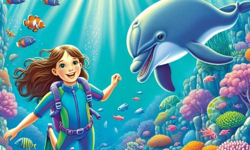 An 8-year-old girl named Lily, with long brown hair floating in the water, wears a blue wetsuit. She has a big, amazed smile on her face, her eyes sparkling with curiosity as she swims joyfully in the ocean. Beside her is a friendly dolphin named Finn, with shiny gray skin, gracefully leaping through the water, seeming to invite Lily to follow him. The scene is a beautiful underwater kingdom filled with colorful corals in vibrant shades of pink, purple, and orange, with tropical fish swimming around them. Sunlight filters through the water's surface, creating shimmering patterns on the sandy ocean floor. The main focus shows Lily and Finn exploring a magical underwater world, discovering a sparkling coral castle surrounded by cheerful sea creatures and a dancing kelp forest.