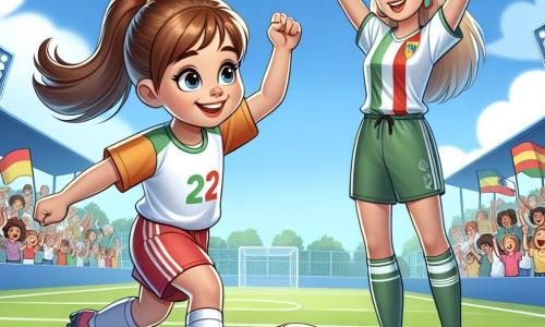 În centrul imaginii, Andreea, o fetiță de 12 ani, driblează un mingea de fotbal cu un zâmbet mare pe față, ochii ei strălucind de bucurie și determinare. Are părul brun prins într-o coadă de cal, poartă un tricou colorat de fotbal și șorturi, precum și încălțăminte sport. În dreapta ei, Ana Popescu, o femeie de aproximativ 30 de ani, jucătoare celebră de fotbal, o încurajează cu un zâmbet mândru, cu brațele ridicate în semn de aplauze. Ana are părul lung și blond, poartă un tricou al echipei naționale și pantaloni sport, stând pe teren cu o atitudine încrezătoare. Decorul se desfășoară pe un teren de fotbal verde, sub un cer albastru strălucitor, cu spectatori entuziaști în fundal, ținând steaguri și pancarte de susținere. Situația principală o arată pe Andreea în plină acțiune, realizând un dribling impresionant, în timp ce Ana o observă cu admirație, simbolizând visul unei fetițe care aspiră să devină o mare jucătoare de fotbal, inspirată de idolul ei.