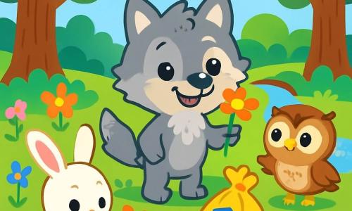 Ein kleiner grauer Wolf namens Wuschel mit weichem Fell und funkelnden Augen steht stolz in der Mitte der Szene und hält eine bunte Blume in seiner Pfote. Zu seiner Rechten schaut eine kleine Eule namens Emma mit bewundernden großen runden Augen zu Wuschel auf, ihre Flügel leicht geöffnet, bereit zu fliegen. Links gräbt ein kleiner weißer Hase namens Felix mit großen Ohren und neugierigem Gesicht in den Boden, um eine neue Blume zu pflanzen, mit einem konzentrierten und entschlossenen Ausdruck. Der Ort ist ein wunderschöner, grüner Wald, gefüllt mit leuchtenden Blumen, großen Bäumen und einem glitzernden Bach, der durch die Landschaft fließt. Die Hauptsituation zeigt die Tiere, die zusammenarbeiten, um den Wald zu reinigen, Abfälle aufzusammeln und Blumen zu pflanzen, was eine fröhliche und kooperative Atmosphäre schafft, voller Leben und Farben.