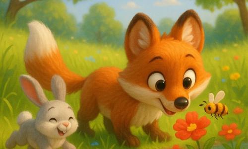 Small red fox with soft fur, white chest and fluffy tail sniffing flowers by a clear stream; a small grayish-white rabbit with floppy ears hops to the fox’s left through tall grass; a yellow-and-black bee buzzes over a nearby red flower; two colorful birds perch on a background branch; green meadow with clumps of flowers, young trees, pale blue sky and warm morning light—a joyful spring morning scene centered on the two friends by the stream.