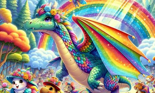 Arco, de regenboogdraak, is een majestueus personage met glanzende schubben in alle kleuren van de regen, zijn ogen sprankelend van vreugde en opwinding. Hij vliegt boven een kleurrijke parade, zijn vleugels uitgespreid, en laat een spoor van felle kleuren achter die de lucht verlichten. Naast hem danst een kleine muis met fonkelende sterren op zijn kostuum, met een verlegen maar trotse glimlach, terwijl een oude schildpad met een langzaam maar vastberaden pas, die een bloemenhoed draagt, trots aan het hoofd van de processie voortschrijdt, met een uitdrukking van wijsheid en geluk. De locatie is een prachtig betoverd bos, vol met kleurrijke bloemen, majestueuze bomen en zonnestralen die door het loof filteren, waardoor een magische en gastvrije sfeer ontstaat. De hoofdscène toont de parade van het Regenfestival, waar alle dieren, groot en klein, samen optrekken, hun verschillen en gelijkheid vieren in een feestelijke en blije sfeer, waar iedereen zich gewaardeerd en gerespecteerd voelt.