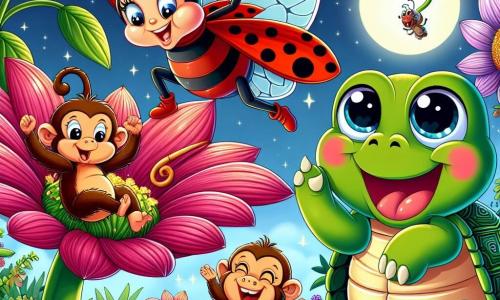 Uma joaninha alegre chamada Lili, com asas vermelhas salpicadas de pequenas manchas pretas, dança sobre uma grande pétala de flor colorida, seu rosto radiante de felicidade e empolgação. Ao lado dela, um macaco travesso chamado Mico, com pelagem marrom e olhos brilhantes, balança de um galho para o outro, rindo alto. Não muito longe está Tuga, uma tartaruga sábia com uma carapaça verde decorada, que sorri fazendo caretas engraçadas para fazer seus amigos rirem. O jardim está cheio de flores gigantes de cores vibrantes, com pétalas que brilham sob a luz da lua, criando uma atmosfera mágica. A cena mostra Lili e seus amigos participando de uma competição alegre de risadas, cercados por outros animais curiosos que os incentivam e riem juntos neste jardim encantado.