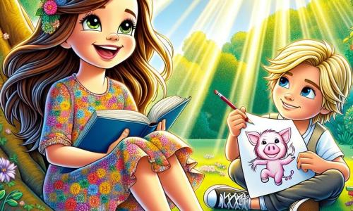 No primeiro plano, uma menina de 10 anos, Clara, com longos cabelos castanhos e olhos brilhantes de alegria, sorri amplamente enquanto segura um livro ilustrado nas mãos. Ela usa um vestido colorido com flores e sandálias, sentada na grama verde do parque, cercada por flores vibrantes. Ao lado dela, seu melhor amigo Léo, um garoto de 10 anos com cabelos loiros e olhos azuis, está desenhando um porquinho rosa em uma folha de papel, com uma expressão concentrada no rosto. Eles estão sentados sob uma grande árvore com galhos folhosos, onde raios de sol penetram pelas folhas, criando um jogo de sombras e luzes no chão. A cena transmite uma atmosfera de felicidade e cumplicidade, ilustrando sua amizade sincera enquanto compartilham histórias e risadas juntos.