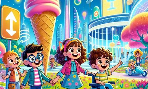 En un parque futurista de Brillopolis, cuatro amigos están juntos. Lía, una niña de 8 años con cabello rizado y brillante, sonríe sosteniendo un gran cucurucho de helado rosa. A su lado, Tomás, un niño de 9 años con gafas y una gorra colorida, señala un cartel luminoso que indica el camino. Sofía, una niña de 7 años en una bonita silla de ruedas de colores vivos, observa con asombro los árboles danzantes a su alrededor. Por último, Leo, un niño de 6 años con cabello despeinado y una camiseta a rayas, salta de alegría sosteniendo un pequeño robot en forma de helado. El parque está lleno de flores cantantes de colores brillantes y árboles con troncos centelleantes, mientras coches voladores se deslizan suavemente en el cielo azul. En el centro, un gran edificio brillante se alza, con luces intermitentes y pantallas que muestran imágenes alegres. Los amigos descubren un botón secreto en la pared de un robot de helado gigante, lo que desencadena la apertura de una puerta misteriosa que lleva a un laboratorio de innovación, donde pueden crear juntos un nuevo sabor de helado.