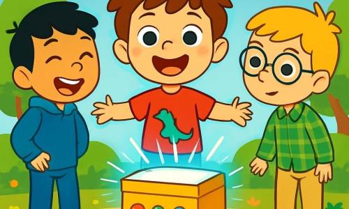 Există 3 personaje: - Matei: un băiat de 7 ani, cu părul brun și ochi strălucitori. Poartă un tricou roșu cu un dinozaur și o pereche de pantaloni scurți albaștri. Se află în centrul imaginii, cu brațele întinse, plin de entuziasm. - Vlad: un băiat de 6 ani, cu părul blond și ochelari rotunzi. Poartă o cămașă cu carouri verzi și o pereche de pantaloni bej. Este ușor în spate, privind cutia cu curiozitate. - Darius: un băiat de 8 ani, cu părul negru și un zâmbet larg. Poartă un hanorac albastru și blugi. Se află la stânga lui Matei, râzând, cu mâinile pe șolduri. Locul acțiunii este o curte însorită, înconjurată de flori colorate și copaci verzi. În centru, o cutie mare misterioasă, strălucitoare și decorată cu butoane colorate, emite o lumină albastră blândă. Cerul este de un albastru strălucitor, presărat cu câteva nori albi pufoși. Situația principală a poveștii îi arată pe cei trei băieți, uimiți, ținându-se de mână în jurul cutiei magice, pregătiți să trăiască o aventură incredibilă în timp. Lumina cutiei le iluminează fețele vesele, pline de entuziasm și curiozitate.