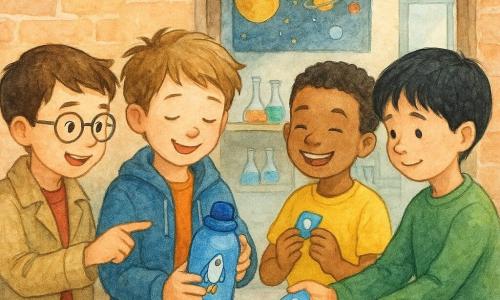 Vier Jungen: Jonas (7) mit zerzausten hellbraunen Haaren und blauer Jacke hält erleichtert eine blaue Trinkflasche mit Raketenmotiv; links Emil (7) mit kurzen braunen Haaren, runden Brillen und beigem Mantel zeigt stolz mit dem Finger auf die Flasche; rechts Karim (7) mit gebräunter Haut und gelbem T‑Shirt lacht und hält einen kleinen blauen Aufkleber; etwas zurückhaltend Tom (8) mit schwarzen Haaren und grünem Pullover reicht schüchtern und reumütig die Flasche zurück. Vor der offenen Tür eines kleinen Schullabors mit hellen Ziegelwänden, Holztisch mit leuchtenden Reagenzgläsern, Poster eines Sonnensystems und hellem Morgenlicht: die vier jungen Ermittler feiern ruhig und freundschaftlich, Fokus auf der zurückgegebenen blauen Trinkflasche.
