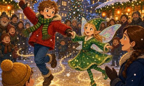 Een vrolijke en verwonderde jongen van 10 met rommelig lichtbruin haar en een dikke rode jas en groene gestreepte sjaal danst met opgeheven armen op een besneeuwd dorpsplein; het elfje Stella, klein van postuur met fijne gelaatstrekken, iriserende vleugels, een groene glinsterjurk en een sterrendopje, draait rond en houdt zijn hand; zijn moeder (ca. 35) met ingevlochten bruin haar en een donkerblauwe mantel staat lachend klappend bij een houten bank; een vriendje van ca. 7 met een gele pomponmuts kijkt verbaasd en wijst vanuit de menigte. Het plein is met kasseien, houten huizen met besneeuwde daken, warme lichtjes, kerstkraampjes versierd met sparrentakken en oranje lantaarns; grootvallende sneeuwvlokken, gouden lichtsprankels rond de danspassen, verlichte dorpsgezichten en een gezellige feestelijke sfeer. Grafische stijl: zachte verzadigde kleuren, afgeronde contouren en zichtbare wol- en houttexturen.