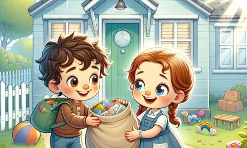 Twee kinderen, een achtjarige jongen genaamd Sam met krullend bruin haar en een stralende glimlach, staat links en houdt een grote tas vol boodschappen vast. Naast hem staat Noor, een achtjarig meisje met twee mooie vlechten en sprankelende ogen, die enthousiast naar de tas van Sam kijkt. Ze staan voor een bescheiden, lichtblauwe huis met licht beschadigde witte luiken. De tuin is gevuld met kleurrijke bloemen, maar er liggen ook speelgoedjes verspreid op de grond, wat wijst op een gebrek aan middelen. De scène toont Sam en Noor die de boodschappentas aan Emma geven, een klein meisje van hun leeftijd, dat voor de deur staat met een verwonderde en dankbare blik. De zon schijnt in de lucht, verlicht hun blije gezichten, terwijl een lichte bries de bladeren van de omringende bomen laat dansen.