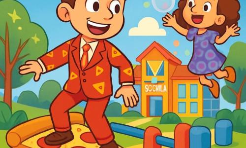 Un hombre sonriente llamado Sergio, con un traje rojo y amarillo decorado con motivos de pizza, está sobre una tabla de pizza gigante, deslizándose alegremente a través de un campo de obstáculos. Sus ojos brillan de emoción y su sonrisa es amplia, mostrando su alegría por participar en la competencia. A su lado, una niña llamada Lucía, de unos 10 años, flota en el aire, rodeada de burbujas de colores que estallan en confeti. Tiene el cabello rizado y lleva un vestido violeta adornado con motivos de burbujas. El escenario es una escuela de superhéroes, con edificios de colores vivos, árboles con hojas brillantes y un cielo azul salpicado de nubes esponjosas. La situación principal muestra a Sergio utilizando su poder cómico para deslizarse a gran velocidad en su tabla de pizza, mientras Lucía se prepara para lanzar una burbuja mágica hacia él, creando una atmósfera de competencia amistosa y alegría.