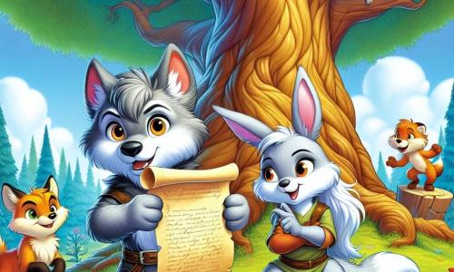 Luno, un pequeño lobo de pelaje gris sedoso y ojos brillantes de curiosidad, está de pie junto a un viejo árbol majestuoso, sosteniendo un viejo pergamino en sus patas delanteras, con una expresión decidida y emocionada. A su lado, Mila, una bonita zorra de pelaje rojo brillante y ojos traviesos, observa el pergamino con una sonrisa intrigada, con las orejas levantadas. Bruno, un gran oso marrón con una mirada dulce y amigable, está sentado sobre un tocón, con los brazos cruzados y una expresión de concentración, mientras que Rina, una ágil conejita de grandes orejas blancas, salta a su alrededor, llena de energía y entusiasmo. El lugar es un claro soleado, rodeado de árboles con hojas verdes brillantes y flores coloridas esparcidas por el suelo. En el centro, un antiguo árbol con raíces nudosas y un tronco ancho parece susurrar secretos del pasado. La situación principal muestra a Luno y sus amigos descubriendo el misterioso pergamino, listos para resolver el enigma que los llevará a una emocionante aventura en el corazón del carnaval del bosque.