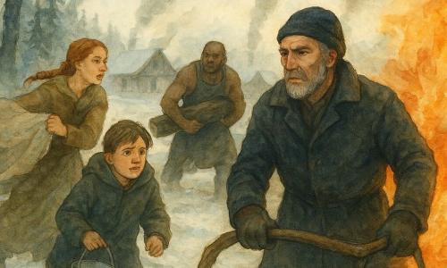 Un uomo adulto, Einar, dal viso segnato e barba corta grigia, avvolto in un manteau di lana scuro, guantato, mano su un bastone curvo e l'altra con un secchio d'acqua; una donna adulta, Astrid, capelli rossi intrecciati, espressione protettiva, corre verso le case con una pelle bagnata per soffocare scintille, a sinistra di Einar; un uomo adulto, Bjorn, corpulento e muscoloso con grembiule da fabbro, solleva un tronco per aprire una trincea tagliafuoco sullo sfondo a destra; un ragazzo di circa 12 anni, Leif, impaurito ma determinato, con un cappotto troppo grande porta un piccolo secchio di neve ai piedi di Einar; Hakon, il capo, severo ma sollevato, osserva con le braccia incrociate leggermente indietro; luogo: la lisière di una pineta con neve calpestata e tronchi neri bruciati, una strada di terra imbottata di neve fondente e case di legno in lontananza con colonne di fumo verso un cielo pallido; scena principale: i paesani formano una catena di secchi passando acqua e neve per spegnere fiamme arancioni e scintille che si spengono al contatto, atmosfera tesa ma solidale, resa con tratti acquerellati fluidi e texture granulose.