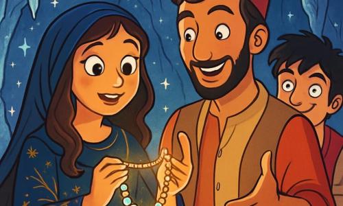 Safiya, una giovane donna dal viso luminoso e dagli occhi pieni di curiosità, si trova al centro della scena, tenendo un collier scintillante tra le mani. Indossa un abito fluido in velluto blu notte, decorato con motivi dorati che brillano alla luce. La sua espressione è sia meravigliata che determinata. Accanto a lei c'è Aladdin, un uomo di circa trent'anni, con una barba curata e occhi brillanti come stelle. Sorride calorosamente, ascoltando attentamente Safiya e gesticolando con entusiasmo. Un po' in disparte, Talib, un giovane di circa vent'anni, con uno sguardo malizioso e capelli neri in disordine, osserva la scena con un sorriso complice, pronto a intervenire. La scena si svolge in una grotta magica, con pareti scintillanti come diamanti e stalattiti luccicanti che cadono dal soffitto. Luci danzanti illuminano lo spazio, creando un'atmosfera da favola. Safiya, Aladdin e Talib scoprono insieme il collier incantato, simbolo di saggezza e speranza, in un momento di rivelazione ed eccitazione, circondati dalla bellezza abbagliante della grotta.