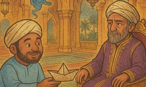 Samir, volto rotondo, pelle abbronzata, occhi neri e barba corta, sorride e porge una piccola barca di carta al Sultano; indossa una tunica azzurro cielo e un turbante crema macchiato di sabbia. Il Sultano, uomo di 50 anni, è seduto su un alto trono dorato, volto pensieroso ma sereno, veste porpora ricamata d'oro e osserva Samir da destra. Un piccolo djinn fluttuante con turbante azzurro e orecchie dorate appare in alto a sinistra e sorride malizioso. Ambientazione: grande sala del palazzo dorato di Zafir con colonne ocra, tappeti rossi e verdi, centinaia di lanterne che diffondono luce calda, mosaico lucente a terra e palme visibili dalle finestre; Samir attraversa un piccolo fiume interno su una fragile barca di carta decorata d'oro, mentre il Sultano lo attende sulla riva, scena calma, colorata e ispirata alle Mille e Una Notte.