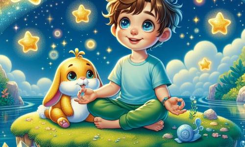 Un ragazzo di 8 anni, Leo, con occhi brillanti e un sorriso radioso, è seduto in posizione di loto su un'isola galleggiante, circondato da stelle scintillanti. Indossa una maglietta azzurro chiaro e un pantaloncino verde, con i capelli castani in disordine che riflettono il suo entusiasmo. Leo respira profondamente, le mani sulle ginocchia, con un'espressione di serenità e gioia. Accanto a lui, il suo peluche, un adorabile coniglietto di stoffa, è rannicchiato, apparendo rilassato e felice. Un pesce rosso, Gillo, nuota nell'aria intorno a loro, creando bolle dorate. Il luogo è un'isola magica, coperta di muschio verde e morbido, con rocce di cristallo scintillanti. Il cielo è blu profondo, punteggiato di stelle brillanti. Leo pratica la respirazione profonda, ispirando la magia della notte, mentre Gillo lo guida in una dolce meditazione e il peluche lo incoraggia con tenerezza, creando un'atmosfera di calma e benessere.
