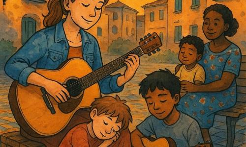 Livia, giovane donna dal sorriso dolce e sguardo sereno, capelli castano chiaro raccolti in coda, in giacca di jeans e gonna lunga, è seduta su una cassa di legno e suona una chitarra verniciata cantando una ninna nanna lenta; un bimbo di 6 anni con capelli arruffati e pantaloni corti è seduto per terra con la testa sulle ginocchia della madre, occhi socchiusi; Marco, adolescente di circa 17 anni in maglietta grigia e jeans, la accompagna con una piccola chitarra; la madre adulta, circa 30 anni, con un semplice vestito a fiori, tiene il bambino addormentato in grembo e sorride; la piazza del quartiere lastricata con mosaico colorato, lampioni caldi e balconi fioriti al crepuscolo crea un'atmosfera calma, intima e rasserenante.