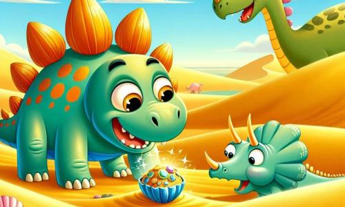 Un stegosauro di nome Tito, con la pelle verde e placche dorsali colorate di blu e arancione, guarda con meraviglia un tesoro scintillante sepolto sotto la sabbia dorata del deserto. I suoi grandi occhi brillano di curiosità ed eccitazione. Accanto a lui, un triceratopo di nome Lina, con la pelle rosa e tre corna sulla fronte, sorride gioiosamente aiutando Tito a scavare il tesoro. Più lontano, un apatosauro di nome Gigi, con un lungo collo e pelle verde, si piega per osservare cosa hanno trovato i due amici, mostrando un grande sorriso. Il paesaggio è un vasto deserto soleggiato, con dune di sabbia dorata che si estendono a perdita d'occhio e un cielo blu punteggiato di nuvole bianche e soffici. La scena principale mostra Tito e i suoi amici che scoprono un piccolo tesoro di conchiglie e pietre colorate, circondati dall'immensità del deserto, pieni di gioia e avventura.