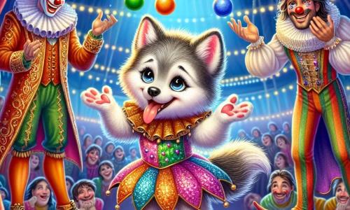 Un piccolo lupo con un pelo morbido e setoso, dagli occhi scintillanti di malizia, si trova al centro della scena con un sorriso radioso. Indossa un costume colorato, decorato con paillettes luccicanti, e gioca goffamente con palline multicolori, sollevando le zampe in un gesto gioioso. Alla sua destra, un uomo alto e snello, vestito con un elegante costume da giocoliere e un cilindro, osserva il lupo con un sorriso benevolo, pronto ad aiutarlo. A sinistra, un clown con il viso dipinto di colori vivaci, un naso rosso e capelli disordinati, ride divertito delle disavventure del lupo. La scena si svolge sotto un grande tendone da circo, pieno di luci scintillanti e decorazioni colorate, mentre il pubblico, seduto su panchine di legno, applaude entusiasta. Il piccolo lupo, nel suo tentativo di giocolare, fa cadere una palla che atterra in una vasca d'acqua, provocando un divertente schizzo che fa ridere ancora di più il pubblico e gli altri artisti.