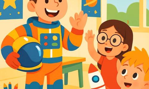 Un astronauta di nome Luca sorride felice, indossando una tuta spaziale brillante e tenendo un casco sotto il braccio. Accanto a lui, Martina, una bambina di 8 anni con lunghi capelli castani e occhiali rotondi, alza la mano in segno di incoraggiamento, mentre Tommaso, un ragazzo di 7 anni con capelli biondi, lo guarda con ammirazione tenendo un razzo di carta. La scena è ambientata in un'aula luminosa decorata con poster di stelle e pianeti, con banchi colorati pieni di matite e libri sull'universo. Luca spiega con entusiasmo il suo viaggio verso Marte, mentre Martina e Tommaso lo ascoltano con meraviglia. L'atmosfera è gioiosa e piena di sogni di avventure spaziali.
