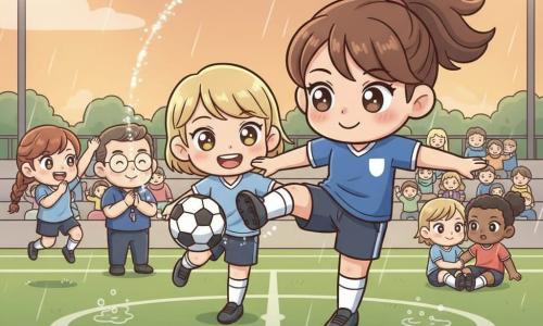 Mariana, jovem, cabelos castanhos em rabo-de-cavalo, sorrindo e concentrada, veste uniforme de futebol azul e caneleiras brancas, faz um passe longo aéreo com o pé direito; Inês, adolescente de cabelo curto loiro, rosto alegre, recebe na área com o pé esquerdo, ligeiramente em direção ao gol, à frente de Mariana; Sofia, 12–13 anos, cabelos castanhos em trança, no fundo saltitando e aplaudindo à esquerda do campo; treinador, homem ~40 anos, óculos redondos e apito, sorri e aplaude na linha lateral; uma adversária sentada na relva, surpresa, é ajudada a levantar por uma colega, gesto de fair-play; campo gramado e húmido com brilho de chuva leve, linhas brancas nítidas, pequenos bancos com famílias agasalhadas, postes de luz acesos criando luz quente de fim de tarde; composição clara, cores vivas e pastel, contornos definidos, expressões exageradas e olhos brilhantes estilo chibi, atmosfera acolhedora, ação congelada com o passe curvando-se pelo ar em luz, bola redonda com padrão simples no centro e gotas de chuva cintilantes ao redor para dar movimento.