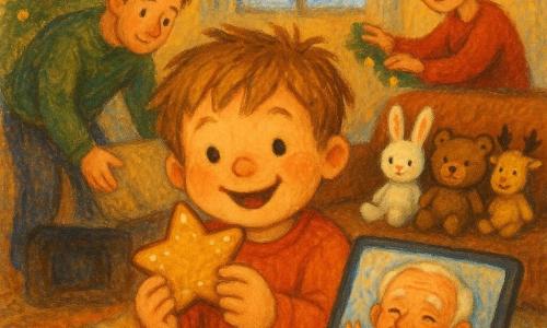 A 4-year-old boy with a round face, rosy cheeks and tousled light brown hair, smiling with bright eyes, holds a large star-shaped cookie near a tablet and reaches toward the screen; a smiling mother with tied brown hair in a red sweater stands behind him adjusting a garland on the sofa to the right; a crouched father in a green sweater places a cushion on the left with a gentle, protective look; an elderly grandfather with a wrinkled face and red scarf appears on the tablet laughing and waving; three plush toys—a white rabbit, a brown bear and a small beige reindeer—sit on the sofa facing the tablet; warm living room interior with a small unlit fireplace, fluffy rug, a compact Christmas tree decorated with yellow garlands and red baubles, a frosted window with falling snow outside; main scene: a cozy, intimate Christmas video call where the boy shows his cookie to his grandfather, warm colors, thick visible oil-pastel textures, soft contrasts, and a snug festive atmosphere.