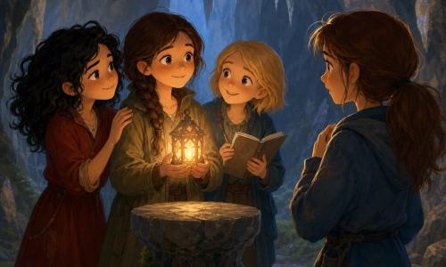 Four girls in a welcoming cave: Hana, ~12, dark brown braided hair, soft eyes, wearing a khaki jacket, holding a small glowing stone lantern at the center facing Mara; Mira, ~11, curly black hair, mischievous smile, red rolled-up dress, left of Hana with a hand on her shoulder; Lila, ~11, short blonde hair, holding an open sketchbook and pencil, right of Hana, marveling at the light; Mara, ~12, brown hair in a ponytail, surprised and moved, wearing a slightly worn blue coat, a few steps away ready to embrace. The cave has bluish-gray stone walls, thin stalactites, emerald moss on the floor and a stone pedestal; the warm lantern light casts long round shadows, bathing faces in intimate amber and ochre tones against the cool blues of the cave, conveying reconciliation, quiet courage, relief and budding smiles.