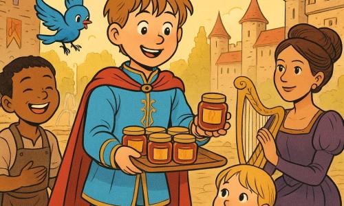 A young prince, about 10, round smiling face, messy light brown hair and bright eyes, wearing a sky-blue tunic embroidered with gold and a small red cape, holds a wooden tray of jam jars with gold labels and offers one forward with a gentle, enthusiastic gesture. The queen, about 35, brown hair in an elegant bun, deep purple dress with puffed sleeves, sits on a small stone bench to the prince’s right, watching proudly with a golden harp beside her. A baker’s daughter, about 7, blonde pigtails and a flour-streaked floral dress, stands before the prince tasting jam with a small spoon, eyes wide with joy. A shoemaker boy, about 10, short black hair and a leather apron, stands to the prince’s left with a smear of jam at his mouth, laughing as he wipes his hand on his trousers. A small blue bird with a bandaged wing hovers above the tray, singing with bright feathers and a grateful look. The scene is on a large warm stone-paved square with sculpted stone fountains arcing sparkling water, golden and red banners on the palace towers in the background, bathed in golden twilight. Main situation: the prince distributes handmade jars of jam to village children on the palace square, warm atmosphere, benevolent gestures, shared smiles, vivid colors and detailed textures (paving, embroidered fabric, reflections on jars).