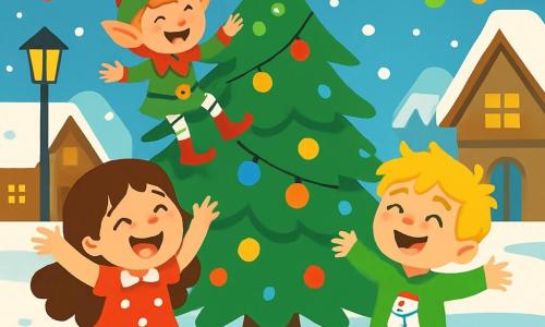 There are three characters: - Lily: a 4-year-old girl with long brown hair, wearing a red dress with white polka dots. She is joyfully laughing with her arms raised near the Christmas tree. - Jack: a 4-year-old boy with messy blonde hair, dressed in a green sweater with a snowman. He is dancing around the tree, a big smile on his face. - Eddie the Elf: a mischievous little elf with red hair, wearing a red hat and shiny shoes. He is perched on a branch of the tree, laughing and holding a string of lights. The setting is a charming village square decorated for Christmas. A large sparkling fir tree stands in the center, surrounded by gently falling snowflakes. Colorful lights hang from the lampposts, and wooden houses with snow-covered roofs surround the square, creating a warm and festive atmosphere. The main scene shows Lily, Jack, and Eddie laughing together, their joyful sounds making the tree lights sparkle. The children are full of energy, with stars in their eyes, while Eddie the Elf performs pirouettes on the branch, adding a touch of magic to this enchanted Christmas scene.