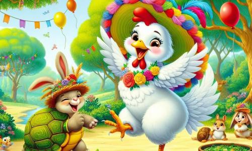 Uma galinha chamada Matilde, com penas brancas brilhantes e um pequeno chapéu colorido, dança alegremente no centro de uma clareira ensolarada, seu rosto radiante de felicidade e excitação. Ao lado dela, um coelhinho travesso chamado Cascudo, com grandes orelhas e pelagem marrom, segura uma cenoura gigante, rindo e pulando no lugar. Perto dali, uma tartaruga chamada Dona Lenta, com uma carapaça verde decorada com flores, sorri suavemente enquanto prepara um prato de sopa de algas em uma pequena mesa de madeira. Ao fundo, majestosas árvores com folhas verdes vibrantes cercam a clareira, enquanto flores coloridas dançam ao vento, criando uma atmosfera festiva e alegre. A cena mostra Matilde e seus amigos se preparando para uma grande festa, cheia de risos e camaradagem, com balões e guirlandas pendurados nos galhos.