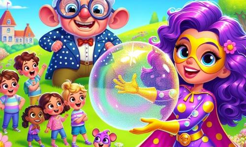 Lila, o supereroină veselă, este o tânără cu părul lung și ondulat de culoare violetă, purtând un costum colorat cu modele de bule de săpun. Ea zâmbește larg, cu ochii strălucind de entuziasm, ținând în mâini un uriaș balon de săpun strălucitor. Lângă ea se află profesorul Purceluș, un șoricel mic de aproximativ 60 de ani, cu ochelari mari și rotunzi și o cămașă cu buline. El o observă cu un zâmbet mândru, cu brațele încrucișate, stând pe o mică grămadă de cărți. În fundal, un grup de copii, băieți și fete de 7 până la 10 ani, se adună în jurul Lilei, râzând și arătând cu degetul spre balonul de săpun. Ei sunt îmbrăcați în haine colorate și par fascinați de scenă. Scena se desfășoară într-un parc însorit, cu copaci verzi și flori strălucitoare în jur. Un cer albastru deschis și câteva nori albi adaugă la atmosfera veselă. Lila pregătește balonul său de săpun gigant pentru a distra copiii și a-i ajuta să se simtă mai bine, în timp ce profesorul Purceluș îi încurajează cu entuziasm, creând o atmosferă de sărbătoare și camaraderie.