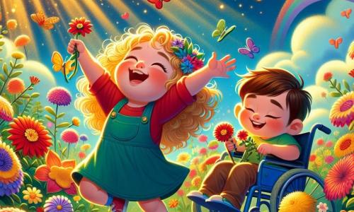 A 7-year-old girl with curly golden hair joyfully dances among colorful flowers, her arms raised to the sky. Next to her, an 8-year-old boy with sparkling eyes and brown hair sits in a blue wheelchair, laughing as he looks at the clouds above them. The setting is an enchanted garden bathed in golden light, filled with vibrant flowers in shades of red, yellow, and purple, surrounded by majestic trees with bright green leaves. The ground is covered with soft green grass, and colorful butterflies flutter around them, adding a touch of magic to the atmosphere. The main scene shows the two friends picking flowers together, their faces radiating happiness, while a curious little snail observes them, symbolizing the beauty of slowness and friendship.