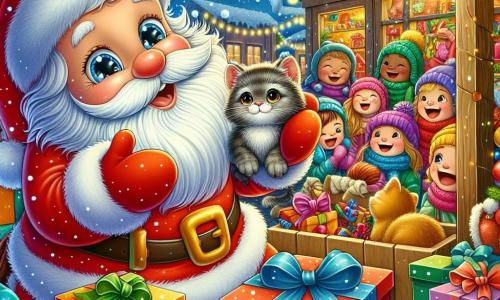 Ein kleines, leuchtend rotes Weihnachten mit einem warmen Lächeln steht im Zentrum des Bildes, die Arme weit geöffnet, umgeben von bunten Geschenken. Seine Augen strahlen vor Freude und Aufregung, während er eine Gruppe von Kindern beobachtet, die um ihn herum lachen und spielen. Rechts von ihm kuschelt ein kleines, grau-weißes Kätzchen mit großen, traurigen Augen an einer Spielzeugkiste und hofft, bemerkt zu werden. Es schaut bewundernd zu Weihnachten, während seine kleine Nase vor Vorfreude zittert. Die Szenerie ist ein lebhafter Weihnachtsmarkt, erleuchtet von funkelnden Lichtern und bunten Laternen. Holzstände bieten Spielzeug, Süßigkeiten und festliche Dekorationen an, während sanft Schneeflocken vom sternklaren Himmel fallen. Die Szene zeigt das kleine Weihnachten, das einem fröhlichen Kind ein Geschenk überreicht, während das Kätzchen mit hoffnungsvollem Blick darauf wartet, in diese Weihnachtsmagie einbezogen zu werden.