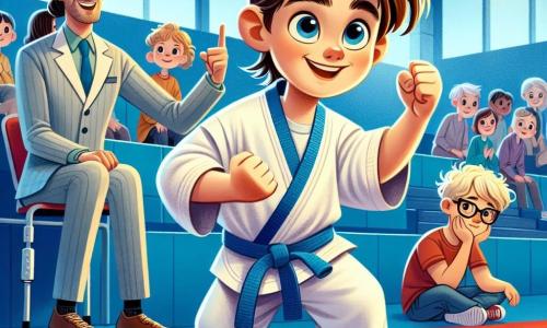 Ein 8-jähriger Junge namens Lukas steht auf einer Karate-Matte, seine Augen leuchten vor Aufregung und Entschlossenheit. Er hat unordentliches braunes Haar, trägt einen weißen Kimono mit einem blauen Gürtel und seine Fäuste sind geballt, bereit zu kämpfen. Neben ihm sitzt sein Freund Max, ein 8-jähriger Junge mit blonden Haaren und Brille, auf einem Stuhl, sein Gesicht besorgt, aber ermutigend, und hält eine Krücke. Im Hintergrund lächelt Coach Mia, eine Frau in ihren Dreißigern mit hochgestecktem braunem Haar, und zeigt Daumen hoch, um Lukas zu ermutigen. Die Szene spielt sich in einer hellen Sporthalle mit blauen Wänden und roten Matten ab. Zuschauer sitzen auf Bänken und schauen aufmerksam zu, während Medaillen auf einem Tisch daneben glänzen. Lukas bereitet sich darauf vor, seinen Gegner auf der Karate-Meisterschaftsbühne herauszufordern, sein Herz schlägt schnell, bereit, sein Bestes für seinen Freund Max und sein Team zu geben.