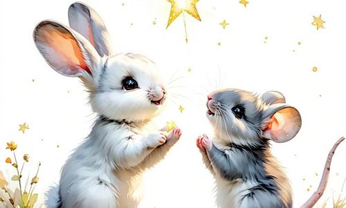 Max, ein kleiner Hase mit großen Ohren und weichem, weißem Fell, steht auf seinen Hinterbeinen, die Augen vor Aufregung glänzend und ein breites Lächeln im Gesicht, während er einen funkelnden Stern in seinen kleinen Pfoten hält. Neben ihm schaut Mia, eine kleine Maus mit grauem Fell und funkelnden Augen, staunend zum Himmel, die kleinen Hände freudig gefaltet. Etwas im Hintergrund lächelt Tom, ein großer, kräftiger Troll mit grüner Haut und zerzausten Haaren, breit und zeigt mit verschränkten Armen, dass er glücklich ist, bei seinen neuen Freunden zu sein. Die Szene spielt sich auf einem belebten Dorfplatz ab, geschmückt mit funkelnden Weihnachtslichtern, mit einem großen, geschmückten Weihnachtsbaum in der Mitte, umgeben von sanft fallendem Schnee. Die Häuser im Hintergrund sind mit Lichterketten bedeckt, was eine warme und festliche Atmosphäre schafft. In dieser Illustration feiern Max, Mia und Tom gemeinsam die Rückkehr des magischen Weihnachtsfestes, erleuchtet vom goldenen Licht des Sterns, den sie gerade auf die Spitze des Baumes gesetzt haben, was Freundschaft und Weihnachtsfreude symbolisiert.