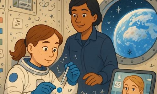 Een vrouwelijke astronaut van ongeveer 28 jaar met kastanjebruin paardenstaartje, rond gezicht met sproeten, kalme geconcentreerde blik, draagt een wit ruimtepak met blauwe strepen en handschoenen, houdt een transparante pipet en laat zacht een kleine blauwe bolvormige druppel naar een klein glazen buisje vastgemaakt met klittenband zweven; een vrouwelijke commandant van ongeveer 40 jaar, getinte huid, kort zwart haar, zorgzame maar alert blik, in donkerblauw uniform zweeft bij een bedieningspaneel en legt bemoedigend een hand vlakbij de astronaut; een jonge technica van circa 25 jaar met blond gevlochten haar en glimlach verschijnt op een tabletscherm met achtergrond van een controlekamer op aarde en geeft aanwijzingen met kleine labels; interieur: laboratoriumhoek van een ruimtemodule met crèmekleurige metalen wanden, schroeven en panelen, kleurrijke klittenbandriemen, transparante dozen, koude LED-lampen en een grote ronde raam met blauw-witte aarde op de achtergrond; hoofdtafereel toont de perfect bolle blauwe druppel die in microzwaartekracht zacht naar het buisje rolt, omringd door bevestigde instrumenten, handgeschreven labels en lichte doodles (pijlen, sterren, kleine notities) voor een jeugdige uitstraling, levendige contrastrijke kleuren, zachte lijnen, koude LED-verlichting en warme gloed van de aarde.