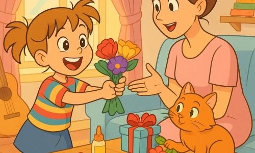 Niña de 8 años feliz y orgullosa, cabello castaño claro en coletas algo despeinadas, ojos grandes y brillantes, camisa a rayas colorida y falda corta; ofrece sonriente un pequeño ramo de flores de papel crepé de colores vivos (rojo, amarillo, violeta). Madre adulta (30–35 años) de rostro dulce, cabello castaño recogido en un moño suelto y vestido pastel sencillo; sentada en un sofá recibe el ramo con sorpresa y ternura, manos abiertas hacia la niña. Gato rojizo llamado Chispa, pelaje esponjoso y ojos verdes, sobre la mesa junto a la caja de regalo, curioso con las patas ligeramente sobre el tejido del ramo. Salón luminoso de mañana, cortinas rosas dejando pasar rayos dorados, mesa baja de madera clara con papeles de colores, tijeras y pegamento dispersos, guitarra apoyada en la pared y pequeño xilófono arcoíris en una estantería. Situación principal: momento tierno y alegre de la niña que regala el ramo a su madre; composición centrada, colores cálidos y pastel, expresiones faciales exageradas tipo dibujo animado y ambiente familiar y suave.