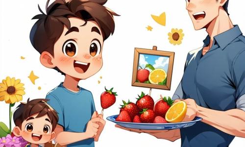 Un ragazzo di 10 anni, felice e un po' orgoglioso, capelli castani spettinati, occhi grandi e brillanti, con T-shirt blu e jeans, tiene una piccola foto incorniciata in cartone decorato e un vassoio con "fiori" di frutta; suo fratellino Milo di 6 anni, sorridente e malizioso, capelli biondi, tiene uno stecchino con una fragola a sinistra del tavolo; il padre (35–40 anni), sorpreso ed emozionato, barba leggera e camicia a quadri, in pantofole vicino al tavolo che guarda la foto e il vassoio; un cagnolino color biscotto in movimento ha fatto cadere una fetta di mela a destra dei bambini; cucina calda e luminosa con tavolo in legno chiaro, finestra con tenda che lascia entrare la luce del mattino, tazze, coltelli e un piano di lavoro con pezzi di frutta e forbici; situazione tenera e gioiosa; colori netti e vivaci, contrasti morbidi, composizione incentrata sui volti espressivi, stile manga per bambini con tratti rotondi ed espressioni accentuate.