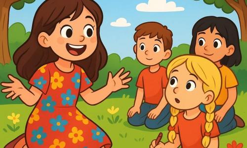 Una bambina di 6 anni, Nina, con lunghi capelli castani e occhi scintillanti di curiosità, è seduta sull'erba verde, con un grande sorriso luminoso sul viso. Indossa un vestito colorato con motivi floreali e fa gesti gioiosi con le braccia, come se stesse raccontando una storia magica. Accanto a lei, la sua migliore amica Sara, anch'essa di 6 anni, ha capelli biondi e trecce. Ascolta attentamente, con gli occhi spalancati per meraviglia, seduta a gambe incrociate sull'erba, con un piccolo quaderno da disegno sulle ginocchia. Un gruppo di tre bambini, un ragazzo dai capelli castani e una ragazza dai capelli neri, si trova un po' più lontano, catturati dal racconto di Nina, con espressioni curiose sui volti. Il luogo è un parco soleggiato, pieno di alberi maestosi con foglie verdi brillanti, fiori colorati che danzano nel vento e un cielo blu chiaro punteggiato di nuvole bianche e soffici. La scena principale mostra Nina mentre racconta una storia magica ai suoi amici, con gesti animati, mentre i bambini la ascoltano con fascinazione, creando un'atmosfera di gioia e amicizia, dove ognuno si sente accettato e speciale.