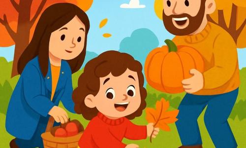 Una bambina di 4 anni, con capelli ricci castani e occhi scintillanti di gioia, sta raccogliendo foglie d'autunno. Indossa un maglione rosso vivo e stivali gialli di gomma, con un grande sorriso sul volto. Accanto a lei, sua madre, una donna di circa 30 anni con capelli lunghi e lisci, indossa un cappotto blu e aiuta a raccogliere mele in un cesto. Il padre, un uomo di circa 35 anni con una barba morbida e un maglione di lana, sta sollevando una grande zucca, ridendo con la figlia. La scena si svolge in un giardino autunnale vibrante, con alberi dalle foglie rosse, gialle e arancioni, e un cielo azzurro chiaro. Mele lucenti e castagne sono sparse per terra, mentre una dolce luce dorata illumina il tutto. La bambina è felice, circondata dalla sua famiglia, godendosi una bella giornata di raccolta.