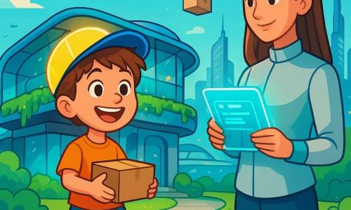 Un niño de 8 años, Leo, con cabello castaño desordenado y ojos brillantes de curiosidad, está frente a su casa futurista. Lleva una gorra luminosa y zapatos que parecen listos para hacerlo saltar, con una gran sonrisa en su rostro. A su lado, su mamá, una mujer de unos 30 años con cabello largo y liso, vestida con una blusa tecnológica, lee un holograma flotante mientras le lanza una mirada alentadora. Su casa es una estructura moderna de vidrio y metal, rodeada de jardines colgantes, con drones volando alrededor, entregando paquetes. Al fondo, la ciudad futurista se extiende, con rascacielos brillantes, coches voladores y puentes luminosos. Leo sostiene una pequeña caja misteriosa en sus manos, su rostro radiante de emoción y curiosidad, listo para descubrir su contenido antes de ir al Festival de Inventos.
