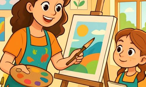 O tânără femeie, Mara, se află în centrul imaginii, cu părul ondulat brun, ochi strălucitori de creativitate și un zâmbet larg care radiază bucurie. Ea poartă un sort colorat, pătat cu vopsea, și ține o paletă plină de culori vii, în timp ce pictează cu pasiune pe un șevalet din lemn. Lângă ea, o fetiță, Ana, de aproximativ 8 ani, cu codițe și pistrui pe față, o observă cu atenție, cu ochii mari de uimire, ținând o foaie de hârtie și un creion în mâini. Decorul este un atelier luminos, cu pereți acoperiți de tablouri colorate, pensule și borcane cu vopsea împrăștiate pe o masă din lemn. Lumina soarelui pătrunde printr-o fereastră mare, iluminând camera și creând o atmosferă caldă și inspiratoare. Situația principală o arată pe Mara explicându-i Anei cum să picteze cu inima, în timp ce se pregătesc să creeze împreună o operă de artă plină de culori și emoții.