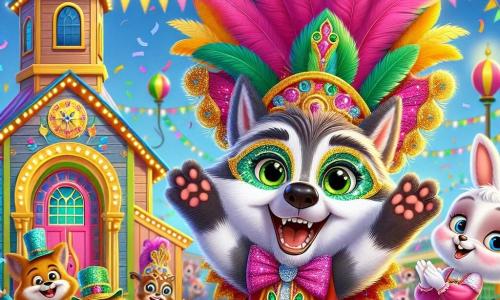In der Mitte des Bildes steht ein fröhlicher und bunter Wolf namens Lupino, der ein extravagantes Kostüm aus rosa Federn, goldenen Pailletten und grünen Bändern trägt. Er hat ein strahlendes Lächeln und funkelnde Augen vor Freude und tanzt begeistert auf einem Karneval. Rechts von ihm steht eine kleine Holzkirche mit bunten Fenstern, umgeben von schwebenden Konfetti. Links applaudiert eine aufmerksame Eule namens Emma mit runden Brillen und glänzenden Flügeln, während ein kleiner Hase namens Paul mit großen Ohren und weißem Fell fröhlich springt und Bonbons in die Luft wirft. Die Dekoration ist mit bunten Ballons, glitzernden Girlanden und Süßigkeitenständen gefüllt, was eine festliche und magische Atmosphäre schafft. In dieser Szene feiern alle Charaktere gemeinsam in einer Atmosphäre von Freude und Freundschaft, umgeben von Lachen und leuchtenden Farben.