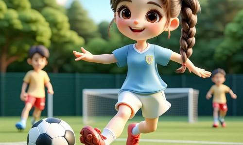 A smiling, brave young female footballer with braided brown hair, fair skin and bright eyes, wearing a light blue jersey, white shorts and red boots, elegantly passing the ball with muscular legs and a dynamic posture; to her right, about 10-year-old teammate Tom with short blond hair and a friendly smile runs to receive the pass; slightly ahead, about 11-year-old teammate Ana with a black ponytail is focused and ready to strike the ball; in the left foreground an opposing boy of about 10 with a grazed knee sits on the grass, surprised but reassured as the main player offers him her hand; the pitch has vivid green grass, crisp white lines, distant white goals, a pale blue sky with a small fluffy cloud, colorful banners and a few scarf-waving fans on the sideline; a warm, heroic late-afternoon moment — she helps an injured opponent then passes to a friend, fluid action and a joyful, caring atmosphere.