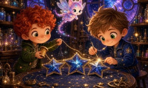 Three characters: Finn — about 10, tousled light-brown hair, bright green eyes, slim boy in a blue star-stitched jumpsuit, sitting on a stool at a large wooden cosmic table holding a glowing needle at the right; Ollie — about 10, curly red hair, freckles, green pocketed jacket, standing at left holding a spool of golden star-thread and handing the thread to Finn with a mischievous smile; Starglow Sprite — a kitten-sized luminescent creature with iridescent translucent wings and a pink-blue stardust body, hovering over the table leaving a trail of glitter. Interior cosmic workshop: dark wood-paneled walls dotted with tiny star-lanterns, rounded windows looking out to a violet-blue nebula sky, shelves of jars of stardust, spools of luminous thread and polished brass tools, floor dusted with sparkles. Main scene: Finn and Ollie mending Orion’s belt of three large suspended sapphire stars above their table, the glowing thread taut, soft sparks at the stitch, warm dim lighting, focused, companionable gestures and a cozy, glittering atmosphere.