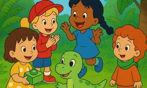 Five characters: Mia, 3, short brown hair, yellow polka-dot dress, front left holding a shiny box with a big green button; Zoe, 3, blonde pigtails, red hat, center-left applauding and smiling; Lila, 3, black braided hair, blue shoes, right of Mia jumping and making dinosaur noises; Emma, 3, red curly hair, green scarf, far right looking amazed; and Pip, a baby male dinosaur, light green with darker spots, big round eyes and a gentle smile, front center reaching a friendly little paw. Setting: a colorful prehistoric garden with tall green grass, giant ferns, rough-trunk trees with broad leaves, a few round stones, blue sky with soft clouds, warm light and soft shadows. Main scene: the four girls have just pressed the box button and meet Pip for the first time; they smile, laugh and show curiosity in a bright, joyful, centered composition highlighting the contrast between the girls’ vivid clothing and the dinosaur’s tender green.