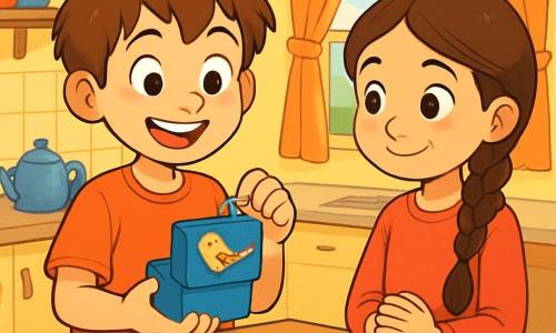 A 10-year-old boy named Tommy, with messy brown hair and sparkling curious eyes, stands in a cozy kitchen. He has a big joyful smile and slightly rosy cheeks, holding a small blue music box with a bird painted on the lid. Next to him, a 9-year-old girl, Maya, has long brown hair tied in a neat braid. She has bright eyes and a slight smile, watching Tommy closely, eager to hear the sound of the box. The kitchen is filled with golden light, with pastel yellow walls. On the table, paper hearts are scattered, and a tray of heart-shaped cookies gives off a sweet vanilla scent. The main scene shows Tommy winding up the music box, while Maya, with her hands clasped in front of her, waits excitedly. The atmosphere is joyful and full of anticipation, capturing the spirit of Valentine's Day.