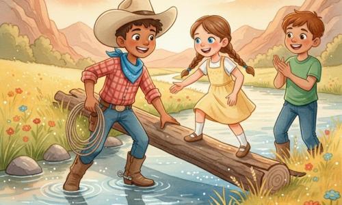 A young cowboy boy (about 11) stands center, smiling and determined, beige wide hat, red plaid shirt, blue bandana, brown boots, holding a coiled lasso and pushing a large log to form a bridge; Clara (about 9) with blue eyes and brown braids in a simple yellow dress cautiously walks on the log, hand reaching toward the cowboy, confident and joyful; Jake (about 10), sturdy and laughing with short brown hair and a green t‑shirt, stands behind Clara on the bank, applauding and ready to cross; setting: a wide, sparkling clear-blue river with grassy banks, tall golden grass, a few flowers, and gentle rocky hills, late-afternoon orange-pink sunset light; main scene: three friends cooperatively crossing the river using the log as a bridge, joyful adventure with clear expressions and warm colors.