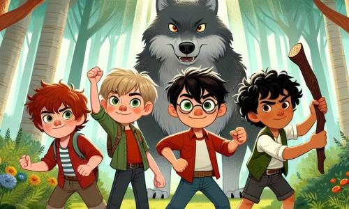 In een betoverd bos staan vier jongens van tien jaar moedig tegenover een grote boze wolf. Tom, een jongen met rommelig bruin haar en een rood T-shirt, staat links met zijn vuist omhoog. Rechts van hem kijkt Joris, een blonde jongen met ronde brillen, de wolf met grote ogen aan, terwijl hij een stok als een zwaard vasthoudt. Sam, een jongen met zwart haar en een gebruinde huid, staat iets naar achteren met een ondeugende glimlach, klaar om een grap te maken. Max, een jongen met kastanjebruin haar en sproeten, staat in het midden met zijn armen gekruist en een uitdagende blik.

De plek is een groene open plek, omringd door grote bomen met dikke stammen en felgroene bladeren. Zonnestralen komen door het loof heen en verlichten de grond, die bezaaid is met kleurrijke bloemen en paddenstoelen. In het midden staat de grote boze wolf, met een grijze vacht en brandende ogen, in een imposante houding, maar zijn uitdrukking toont nieuwsgierigheid gemengd met onzekerheid.

De situatie laat de jongens zien die de wolf uitdagen in een raadspel, elk klaar om zijn raadsel te stellen, terwijl de wolf, geïntrigeerd, aandachtig luistert en klaar is om te antwoorden. De sfeer is zowel gespannen als vol hoop, wat het moment illustreert waarop angst kan veranderen in vriendschap.