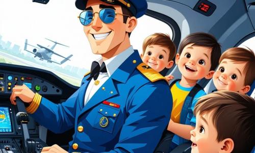 Personajul principal, Alex, este un bărbat în treizeci de ani, cu păr brun și ochi strălucitori de bucurie. El poartă o uniformă de pilot albastră, cu epauleți aurii care strălucesc la soare. Alex zâmbește larg, cu brațele deschise, pregătit să-i primească pe copii în cockpit. Lângă el, un grup de cinci copii, cu vârste între 6 și 10 ani, se uită cu uimire. O fetiță cu părul blond, purtând o șapcă roșie, ridică mâna pentru a pune o întrebare, în timp ce un băiat cu ochelari rotunzi și păr castaniu ține un avion mic din plastic, având ochii mari de curiozitate. Ceilalți copii, un băiat brunet și o fetiță roșcată, sunt așezați pe scaunele din cockpit, fascinați de butoane și lumini. Acțiunea se desfășoară în cockpitul unui mare avion comercial, plin de comenzi colorate, lumini care clipește și feronerie panoramică ce oferă o priveliște spectaculoasă asupra unui cer albastru presărat cu nori albi și pufoși. Situația principală îl arată pe Alex explicând copiilor cum să piloteze avionul, cu gesturi entuziaste, în timp ce aceștia râd și se distrează, creând o atmosferă veselă și plină de aventură.