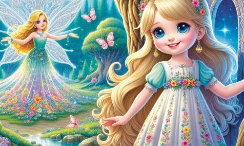 Al centro dell'immagine, una giovane ragazza di nome Bianca, di circa 10 anni, si trova davanti a un gigantesco albero con una chioma d'argento scintillante. Ha lunghi capelli biondi che fluttuano dolcemente al vento, occhi azzurri pieni di meraviglia e un sorriso radioso. Indossa un abito leggero di cotone pastello, decorato con fiori colorati, e sta aprendo una piccola porta di legno intagliato nel tronco dell'albero, piena di curiosità. A destra, una piccola fata di nome Luminella, di circa 8 anni, vola con ali scintillanti come diamanti. Ha capelli dorati e indossa un vestito fatto di petali di fiori. Sorride a Bianca, incoraggiandola nella sua avventura. Sullo sfondo, si estende un paesaggio incantevole: una foresta magica con alberi dai tronchi multicolori, fiori brillanti e farfalle che danzano nell'aria. Un lago cristallino riflette il cielo blu, mentre i raggi di sole filtrano attraverso il fogliame, creando un'atmosfera fiabesca. La scena principale mostra Bianca, piena di eccitazione, pronta a entrare nel mondo magico attraverso la porta dell'albero, mentre Luminella la incoraggia con un sorriso caloroso, simboleggiando l'inizio di un'avventura fantastica.